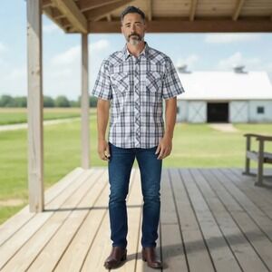 Vintage‎ Wrangler Western Shirt XXL Mens Plaid Short Sleeve Pearl Snap Blue